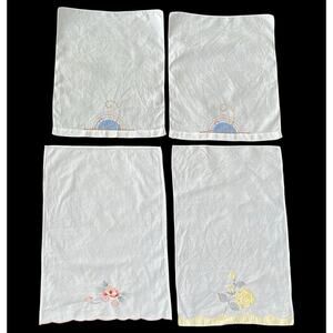 Vintage Hand Embroidered Table Dresser Mats Lot Of 4 White Cotton Linen Cottage
